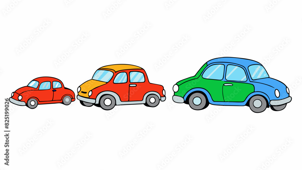 Fototapete A group of three toy cars lined up next to each other each car is the same size and shape but one is red one is blue and one is green.. Cartoon Vector.