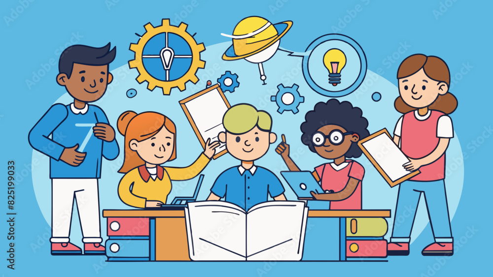 Aufkleber A group of students working on a group project each person contributing their own unique skills and knowledge to achieve a common goal.. Cartoon Vector.
