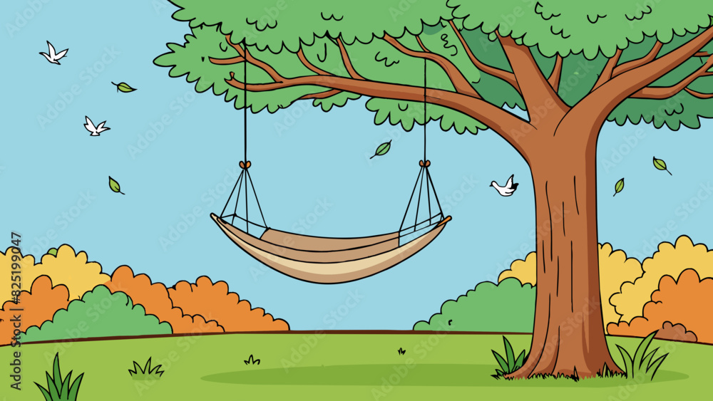Aufkleber A hammock swaying gently under a shady tree the sound of rustling leaves mixed with the chirping of birds in the distance. Its simple design and. Cartoon Vector.