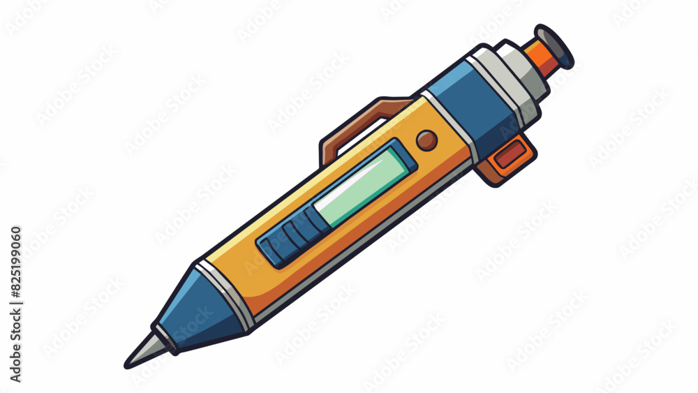 Poster A handheld device made of plastic and metal resembling a large pencil with a sharp pointed end. It has a trigger and safety mechanism on the side and. Cartoon Vector.