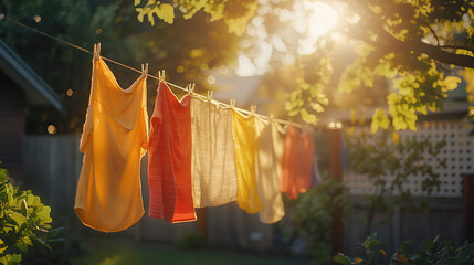 arafly colored shirts hanging on a clothes line in a backyard