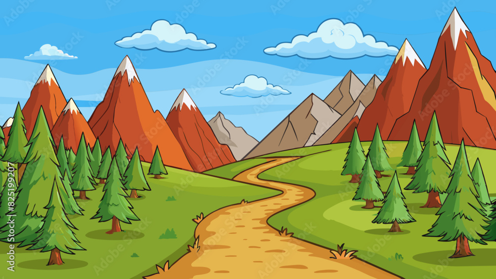 Poster A hiking trail surrounded by a range of towering mountains with varying levels of difficulty making it suitable for both beginner and experienced. Cartoon Vector.