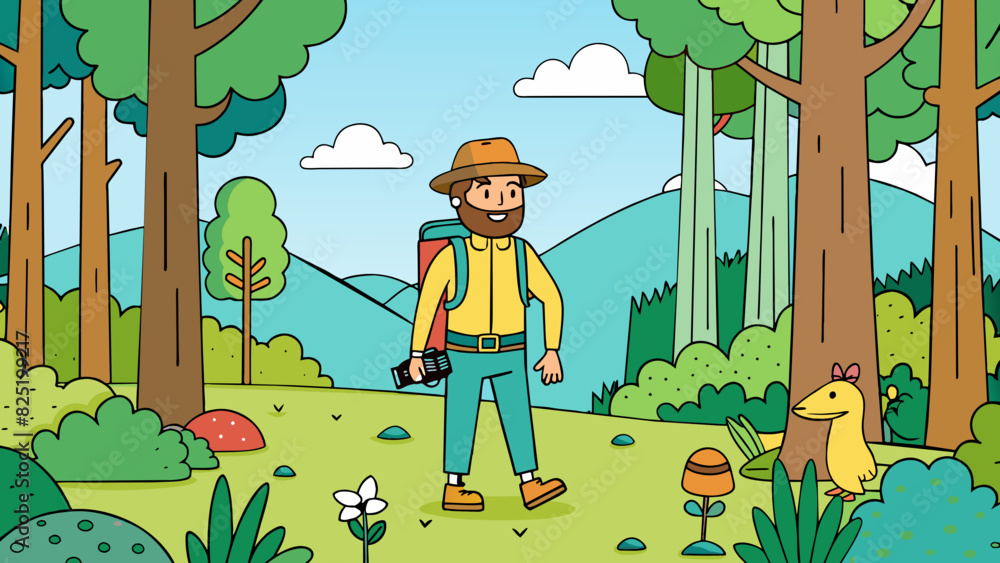 Poster a hiker is walking through a forest taking in the sights and sounds around them. they are fully pres