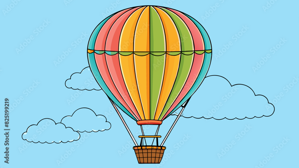 Poster a hot air balloon slowly rising into the sky its colorful stripes and patterns visible against the b