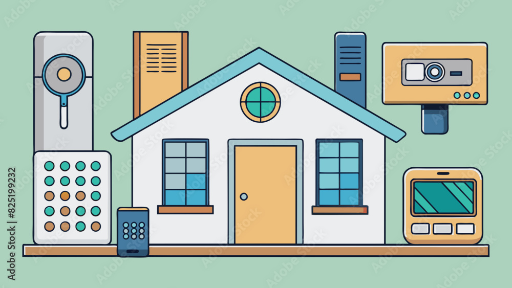 Fototapete A home security system Consists of cameras motion detectors and control panel. The cameras are small and discreet and the motion detectors are p in. Cartoon Vector.