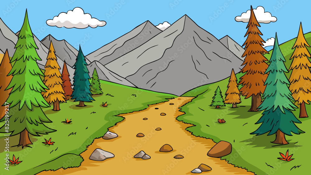 Poster a hike in the mountains towering pine trees line the trail their branches reaching towards the clear