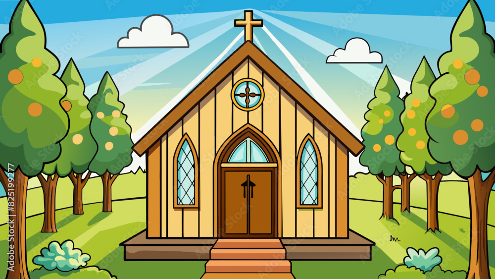 Aufkleber a humble wooden chapel stands surrounded by a peaceful garden. inside sunlight streams through the s