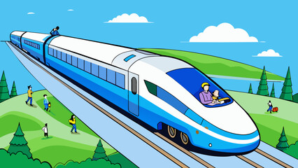 A highspeed bullet train running smoothly on a sleek modern railway track. The trains exterior was painted in a vibrant shade of blue with logos and. Cartoon Vector.