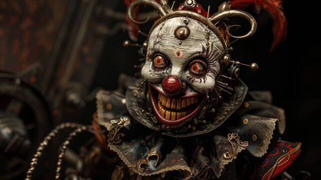 Creepy steampunk clown doll for horror themed designs