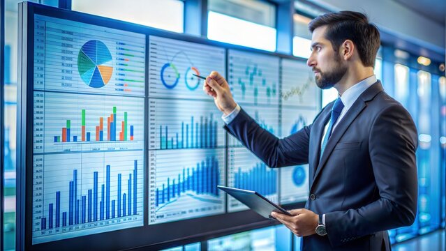 Manager Analyzing Data: A business manager analyzing data on a large screen, indicating analytical skills and data-driven decision-making.
