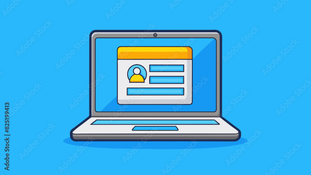 Poster A laptop screen displaying a login page requiring a username and password to access the computers files and programs. The login page has a simple. Cartoon Vector.