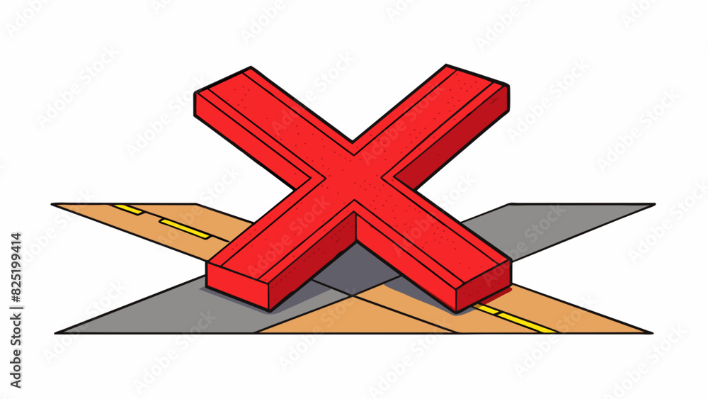 Poster a large bolded red x painted on the ground intended to indicate a stopping point for vehicles or ped