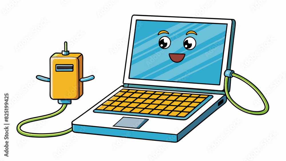Poster A laptop computer that requires a charged battery to operate without being plugged in. The object has a rechargeable battery that needs to be. Cartoon Vector.