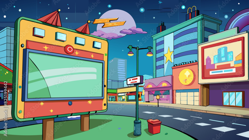 Fototapete A large colorful sign on a busy street corner that lights up at night displaying various adver and announcements.. Cartoon Vector.