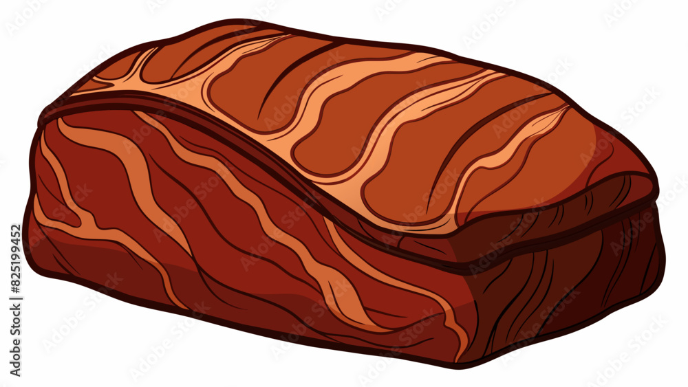 Poster A large dark brown piece of meat with marbling and a thick layer of fat on one side typically used for slow roasting or grilling.. Cartoon Vector.