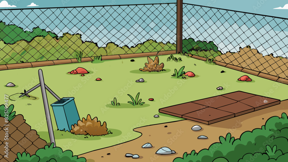 Poster A large empty lot with overgrown weeds and debris tered about. A rusty chainlink fence surrounds the perimeter with a For Sale sign knocked over in. Cartoon Vector.
