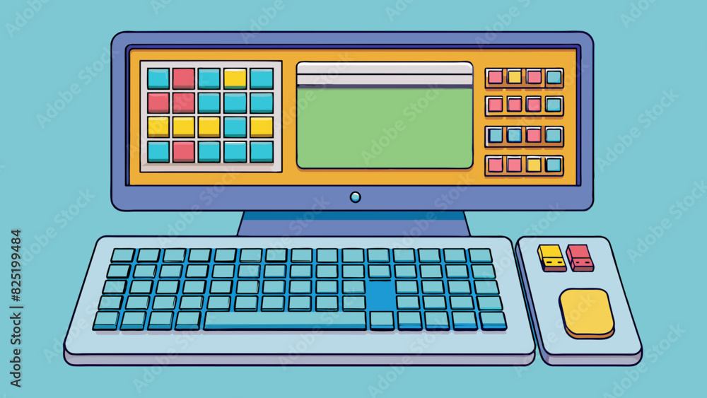 Poster A large flat machine with a detachable keyboard and a tilting screen. The keyboard has a numeric keypad on the right and a touchpad in the center. The. Cartoon Vector.
