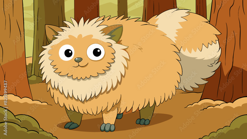 Poster a large fluffy creature with bright round eyes and a fluffy tail. its soft fur was a mix of warm bro