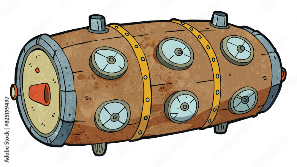 Poster A large cylindrical object with a rough texture and various dials and s on the surface. It has a strong metallic smell and a heavy weight.. Cartoon Vector.
