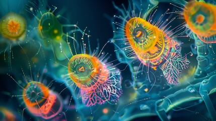 Fototapeta premium Close-up of plankton glowing in vivid colors under a high-powered microscope, revealing their unique structures