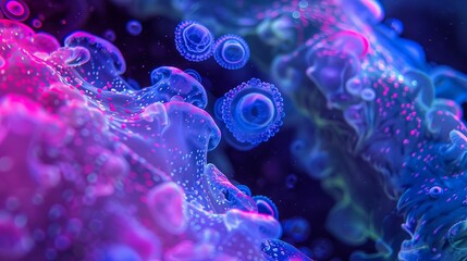 Obraz premium Close-up of plankton and algae swirling in a fluid environment under UV light, creating a vibrant marine ecosystem