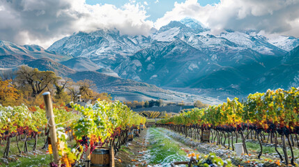 Naklejka premium Vineyards grape farm with grapevine and snow mountain background.