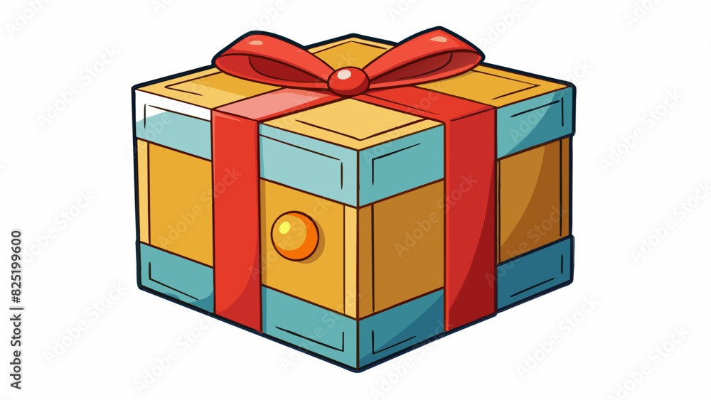 Poster A large square cardboard box covered in colorful wrapping paper. It is adorned with a big red ribbon and smells of pine and cinnamon. It feels light. Cartoon Vector.