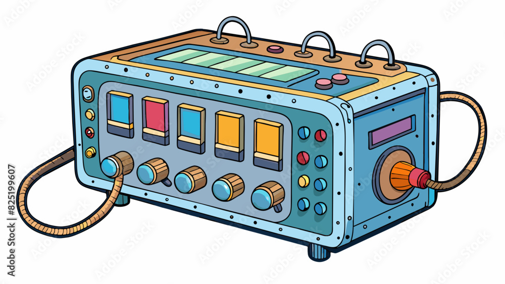Poster A large rectangular contion made of metal and wires with a series of buttons and s on the front. The top is covered in a screen that displays colorful. Cartoon Vector.