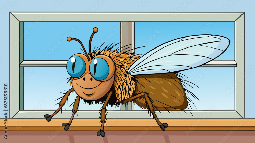 Poster A large hairy fly resting on a window sill its wings folded neatly over its back.. Cartoon Vector.