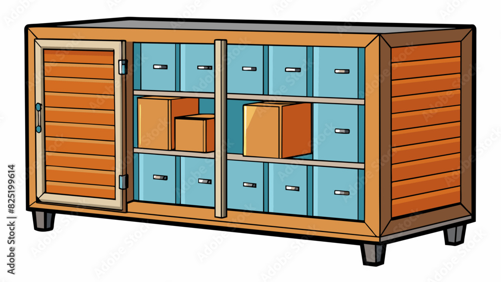 Poster A large rectangular structure made of wood and metal. It has multiple shelves and drawers and can be od and closed like a door.. Cartoon Vector.