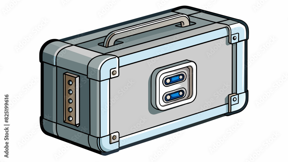 Poster A large rectangular metal case with a matte silver finish and rounded corners featuring a combination lock for security.. Cartoon Vector.