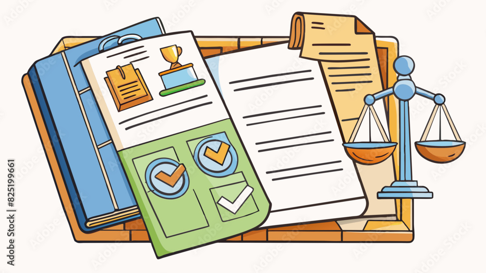 Poster A legal brief filled with dense technical language and complex legal arguments neatly organized into sections and labeled with numbered tabs.. Cartoon Vector.