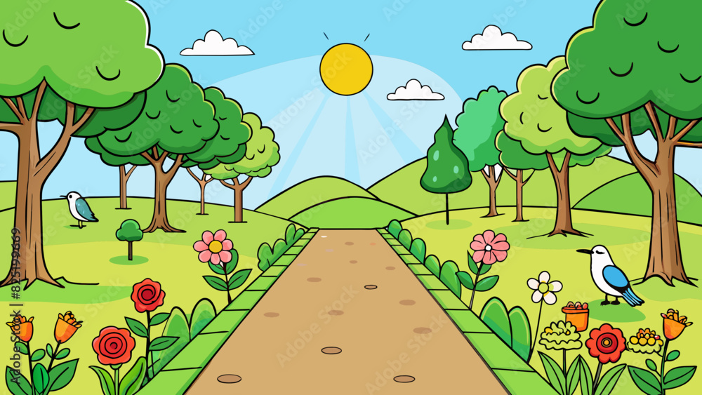 Poster a leisurely walk through a scenic park with the sun shining down and birds chirping in the backgroun