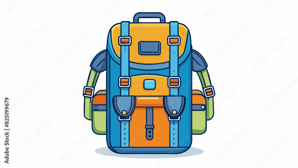Poster A lightweight backpack with adjustable ss made out of durable waterproof material and featuring multiple pockets and compartments for organization.. Cartoon Vector.