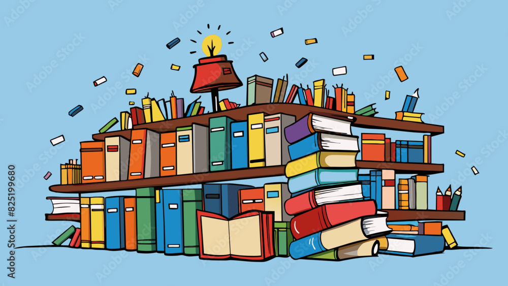 Aufkleber A library filled with countless books each representing a different thought or idea. Some books are worn and tattered while others are crisp and new.. Cartoon Vector.