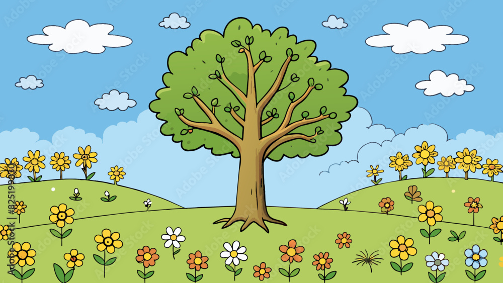 Sticker A lone oak tree standing tall amidst a field of wilting flowers symbolizing the strength and resilience of belief in oneself.. Cartoon Vector.