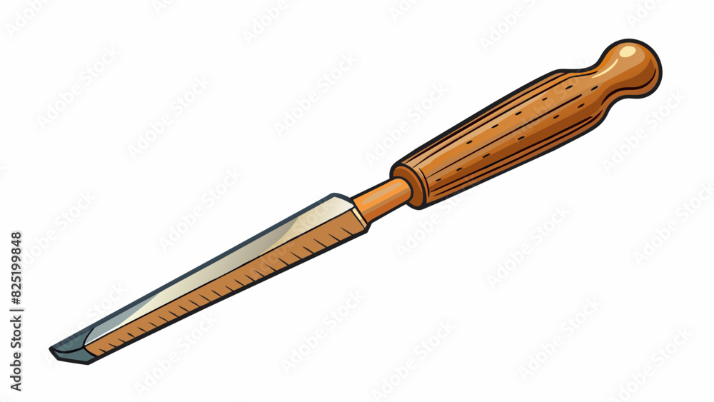 Aufkleber A long flat tool made of metal with a wooden handle. One end is pointed and the other has a flat curved edge. It is used for ting and shaping pieces. Cartoon Vector.