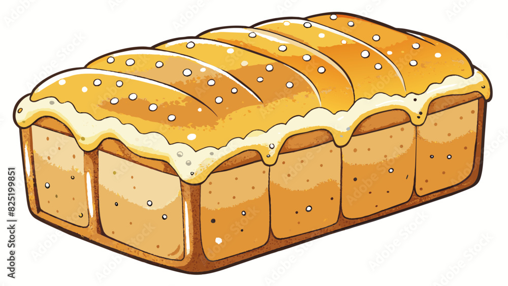 Poster a loaf of freshly baked pound cake with a golden brown crust. the cake is dense and moist with a but