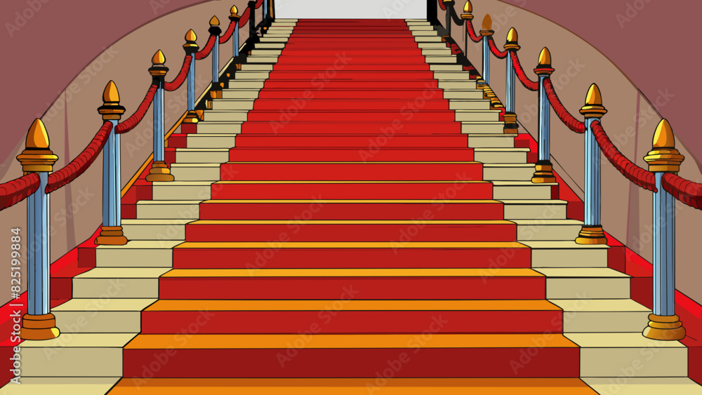 Poster a long grand staircase with intricate carved wooden banisters and plush red carpet covering each ste