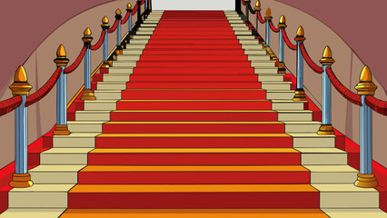 A long grand staircase with intricate carved wooden banisters and plush red carpet covering each step. The steps are wide and evenly spaced providing. Cartoon Vector.