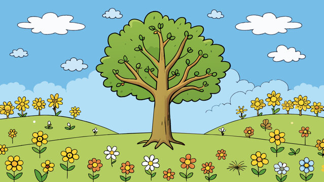 A lone oak tree standing tall amidst a field of wilting flowers symbolizing the strength and resilience of belief in oneself.. Cartoon Vector.