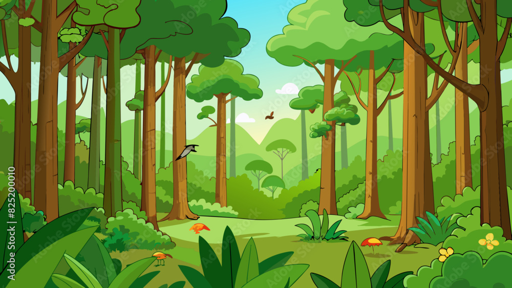 Poster a lush green forest filled with tall trees and diverse plant life. the air is filled with the sound 