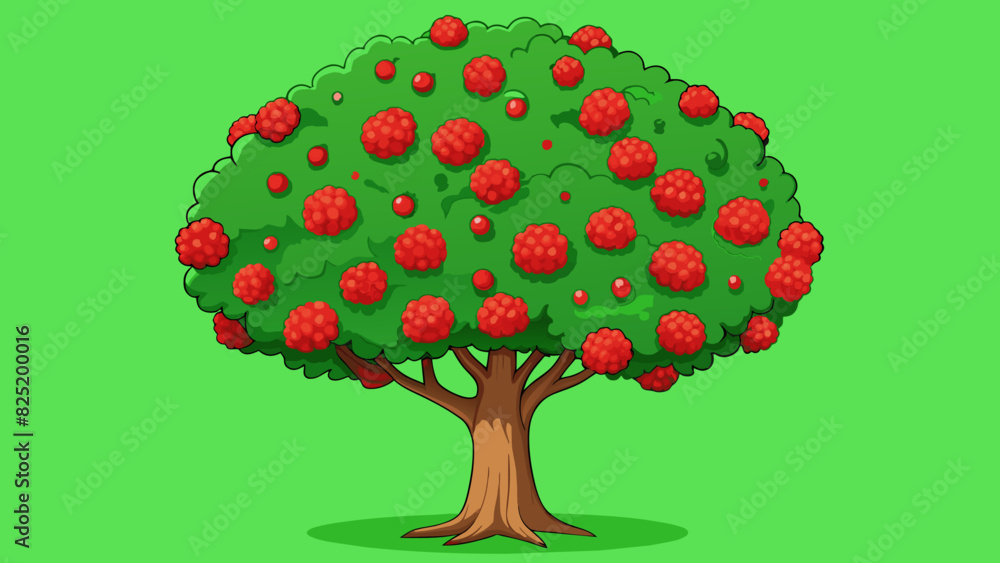 Poster a lush fullbodied tree with a wide canopy of deep green foliage. its branches are covered in bright 