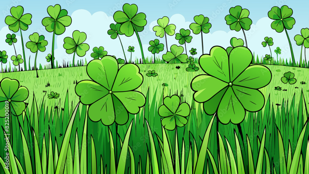Poster A lush green field stretching out as far as the eye can see filled with tall blades of grass swaying in the breeze. Hidden a the grass are countless. Cartoon Vector.