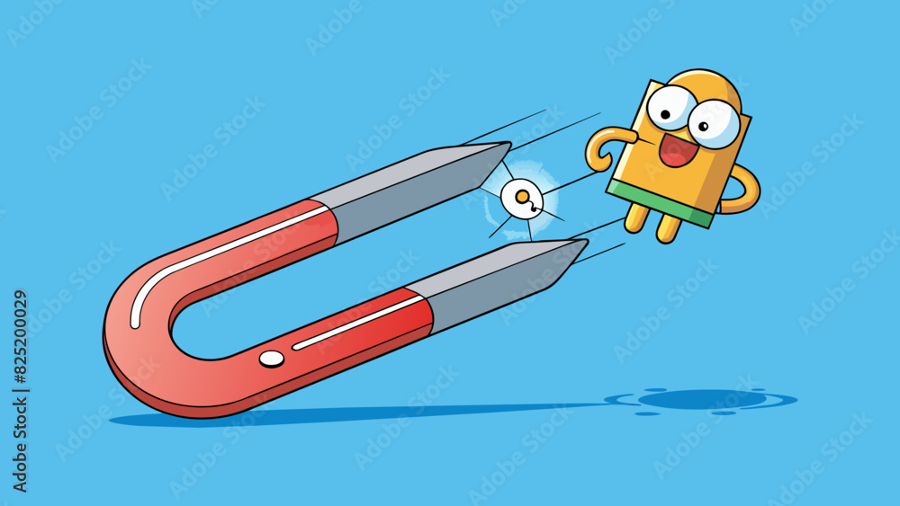 Poster a magnet attracting a paperclip the force of magnetism is pulling the paperclip towards the magnet c