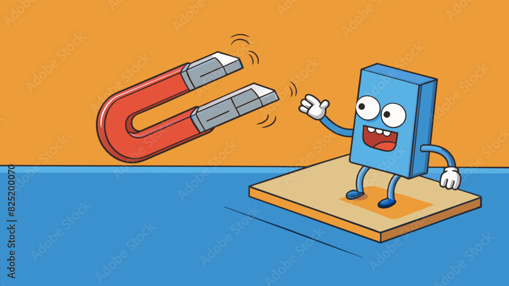 Poster A magnet is able to pull the paperclip towards it despite being on opposite sides of the table.. Cartoon Vector.