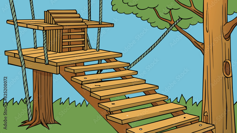 Poster A makeshift staircase made of wooden planks stacked on top of each other leading up to a treehouse. The steps are uneven and vary in size with rugged. Cartoon Vector.