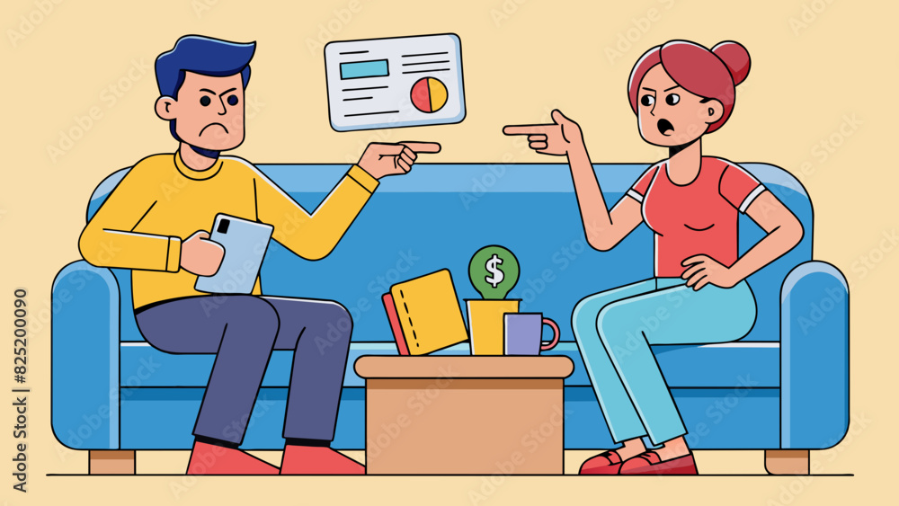Aufkleber A man and woman sitting on opposite ends of a couch engaged in a heated argument about finances. One holds the bills while the other points to a large. Cartoon Vector.