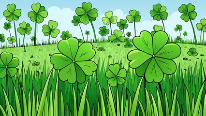 A lush green field stretching out as far as the eye can see filled with tall blades of grass swaying in the breeze. Hidden a the grass are countless. Cartoon Vector.