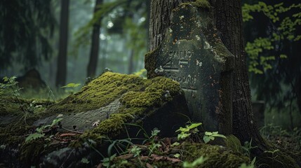 Obraz premium Broken, mossy gravestone resting against a tree in a forgotten corner of a mist-covered forest cemetery